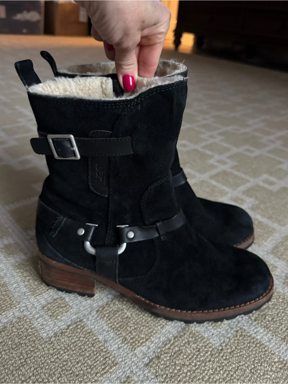 UGG Endell Suede Shearling Moto Biker Harness Boots Black Size 8